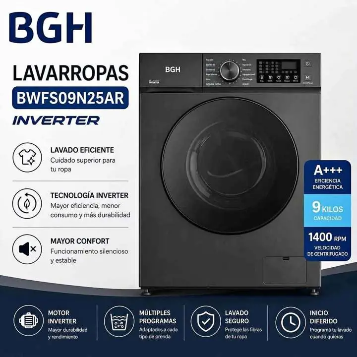 Lavarropas BGH 9KG inverter negro 1400RPM