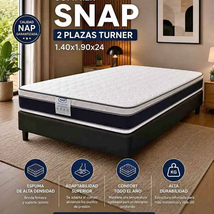 Sommier snap 2 plazas doble pillow •Modelo Turner - Goma espuma - 1.40cm x 1.90cm x 24cm