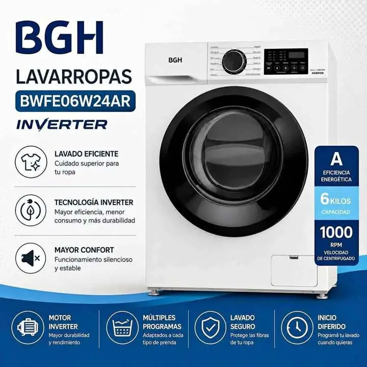 Lavarropas Carga Frontal BGH 6Kg 1000 Rpm Inverter PIH034065