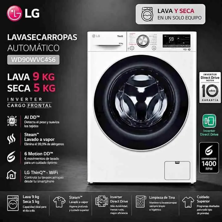 Lavasecarropas LG 9/5KG WD90WVC4S6 inverter blanco 1400RPM $1.100.000