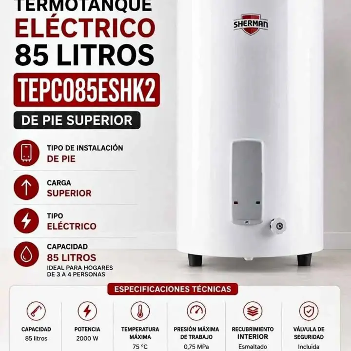 Termotanque Eléctrico Sherman TECC085 Blanco 85L Anticorrosivo Colgar