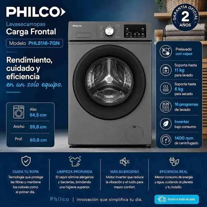 Lavasecarropas Philco 11/6 Kg Carga Frontal Inverter Gris PHLS116-7GN