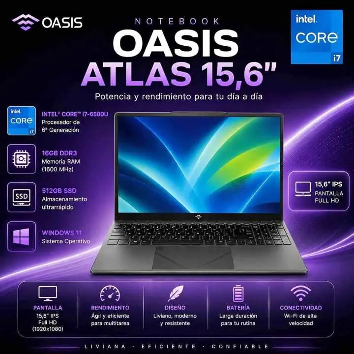 Notebook oasis Intel i7 6500U PANTALLA 15,6” 512ssd, 16GB DDR3 (1600mhz) Windows 11
