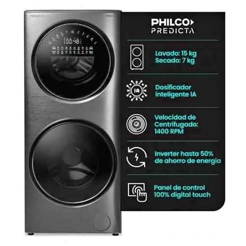 Torre Lavasecarropa con IA Philco Predicta inverter 15kg/7kg Dark gray
