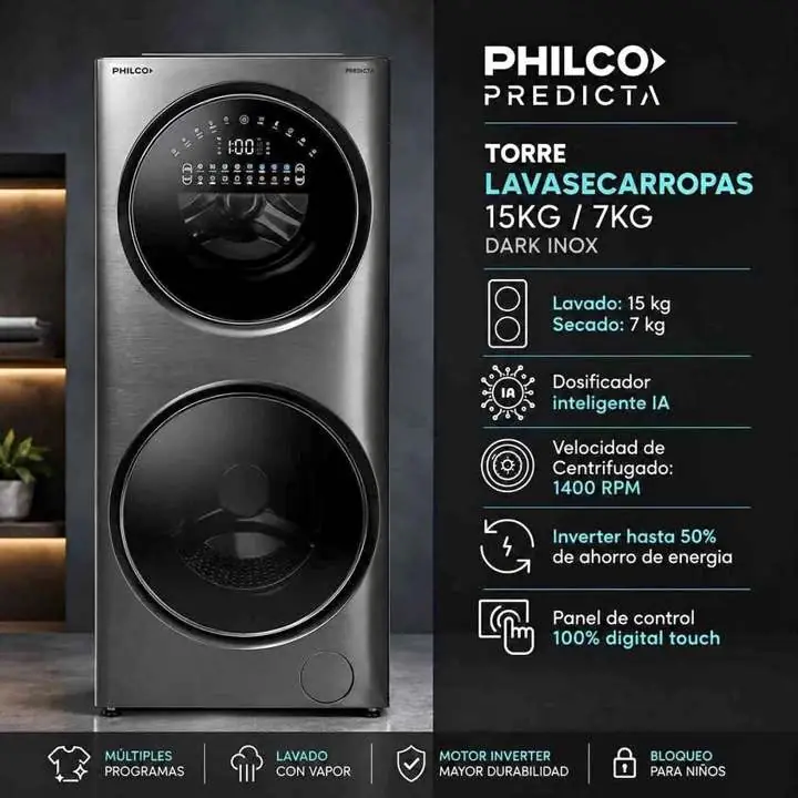 Torre de lavado Philco predicta 15kg/7kg silver inverter PHLFT157GT