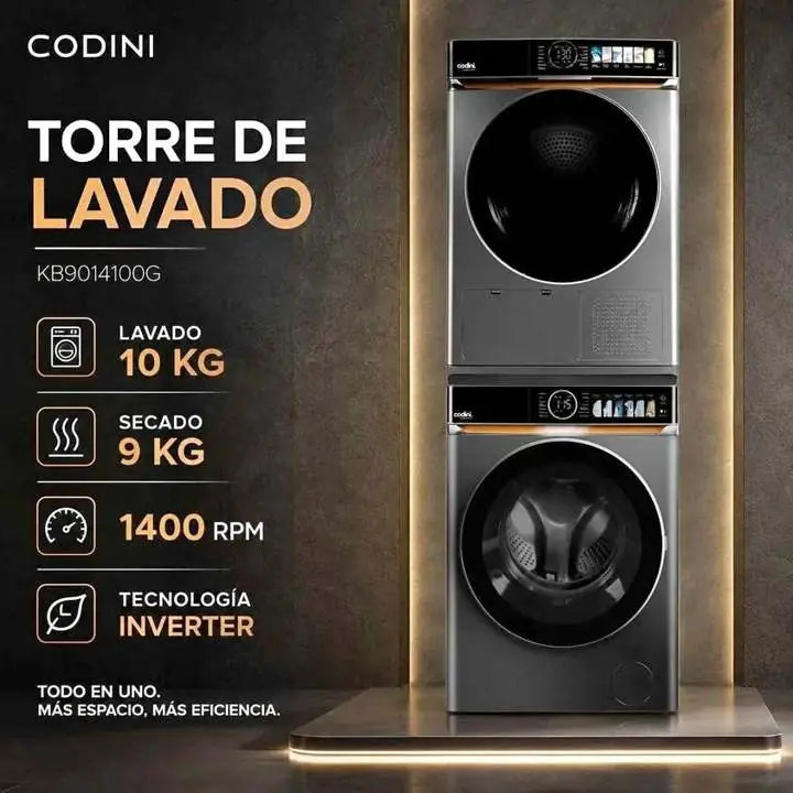 Torre de Lavado Codini Lavasecarropas 9kg/10kg Inverter A 1400 RPM Dark grey - KB9014100G