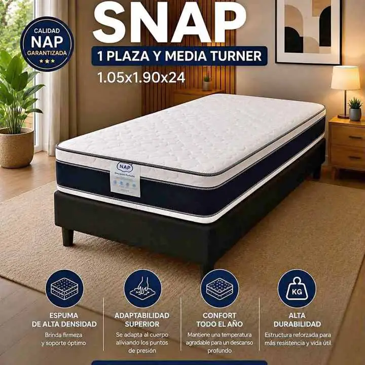 Sommier snap 1 PLAZA 1/2 doble pillow •Modelo Turner - Goma espuma