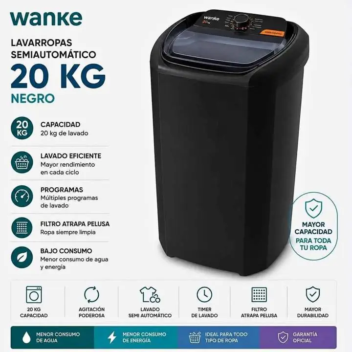 Lavarropas Wanke semiautomático 20KG blanco y negro $274.900