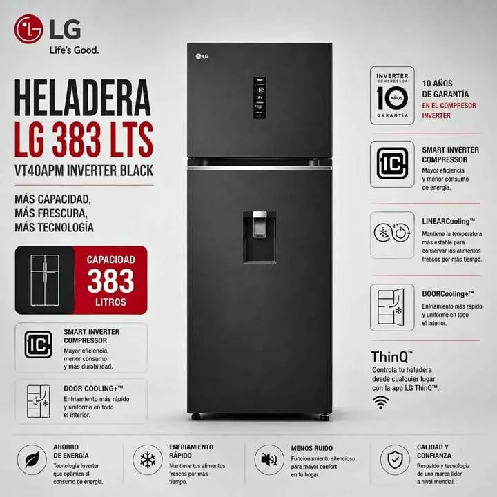 Heladera LG de 383 L con compresor Smart Inverter, puerta No‑Frost, dispenser externo y conectividad