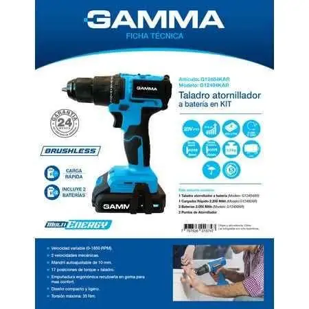 Taladro brushless sin carbones kit 2 baterías gamma