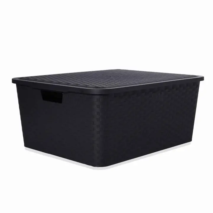 Canasto caja organizadora simil rattan mediano con tapa oferta x 6 unidades