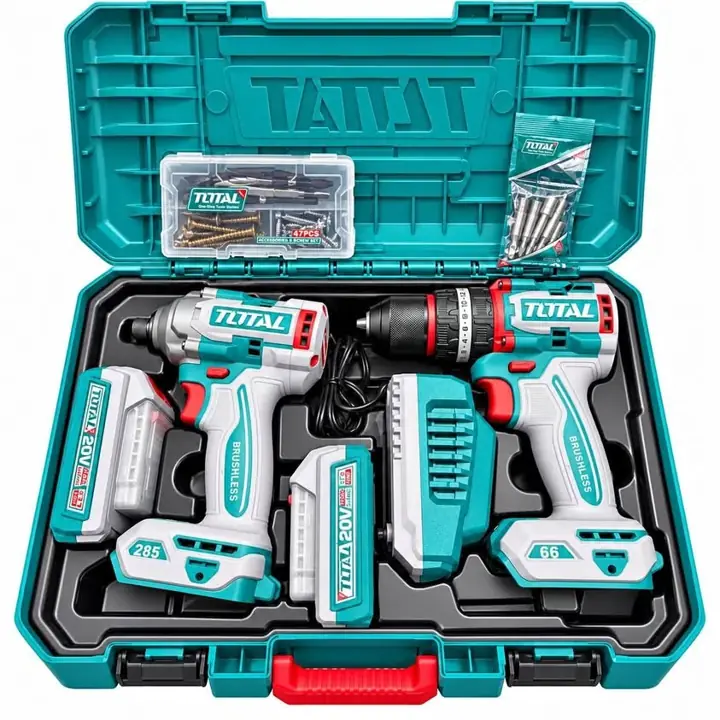 Combo TOTAL 20V Taladro Percutor 66Nm + Atornillador Impacto 285Nm Brushless