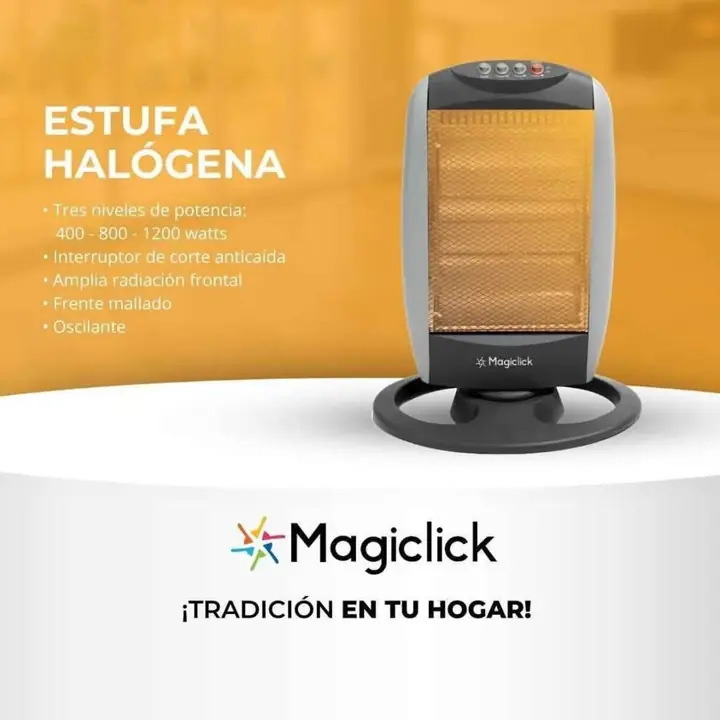 Estufa halógena giratorio magiclick con niveles de potencia y frente mallad