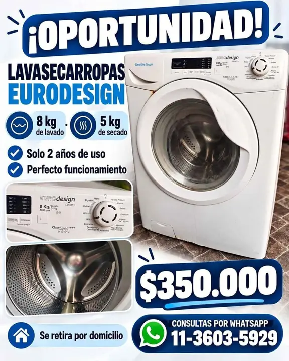 ¡Oportunidad! lavasecarropas eurodesign 8 kg de lavado + 5 kg de secado Solo 2 años de uso