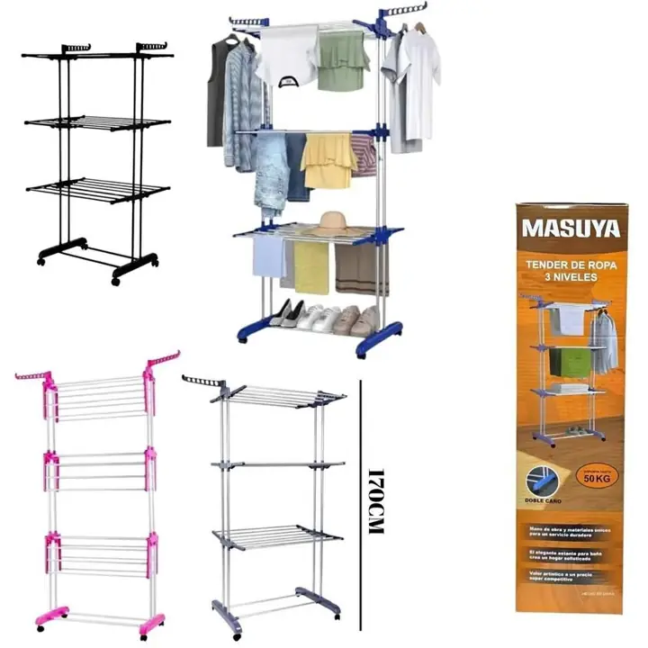 Tender de Ropa Vertical 3 Niveles con Ruedas Reforzado Y Plegable