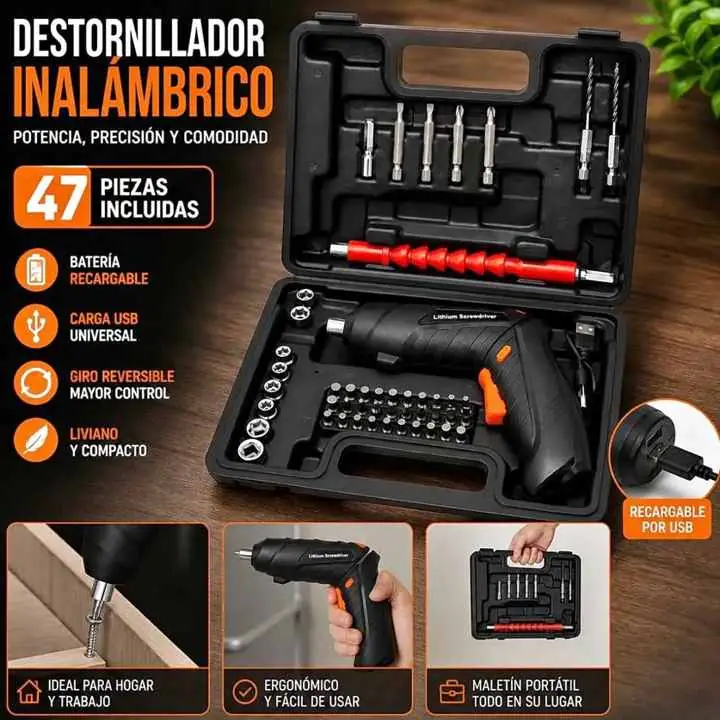Taladro Atornillador Inalámbrico Plegable USB + Maletín Kit 47 Piezas