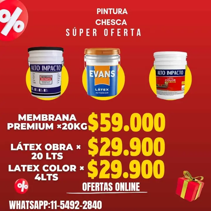 Súper oferta en pinturas,látex, sintético, membrana, Enduido y mas