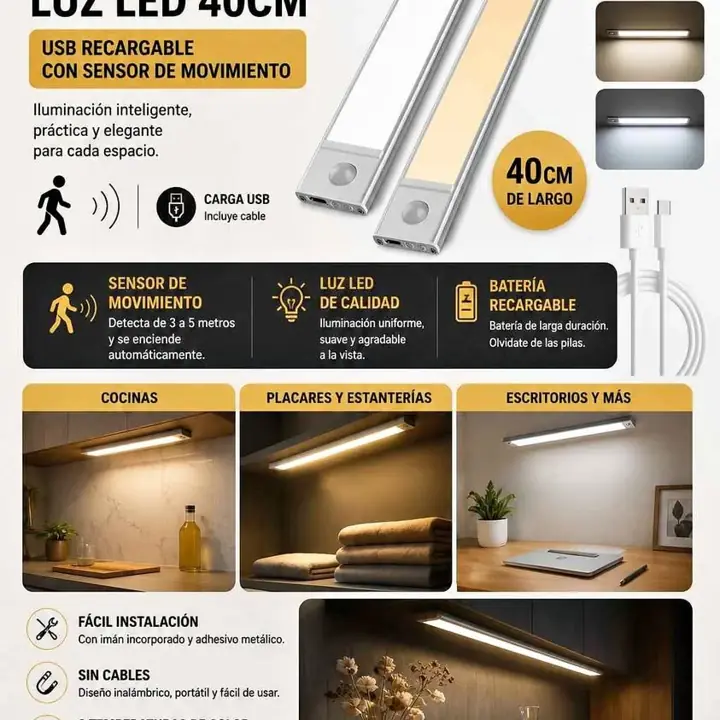 Leds barra aluminio 40cm con sensor de movimiento ideal escaleras muebles cocinas espejos