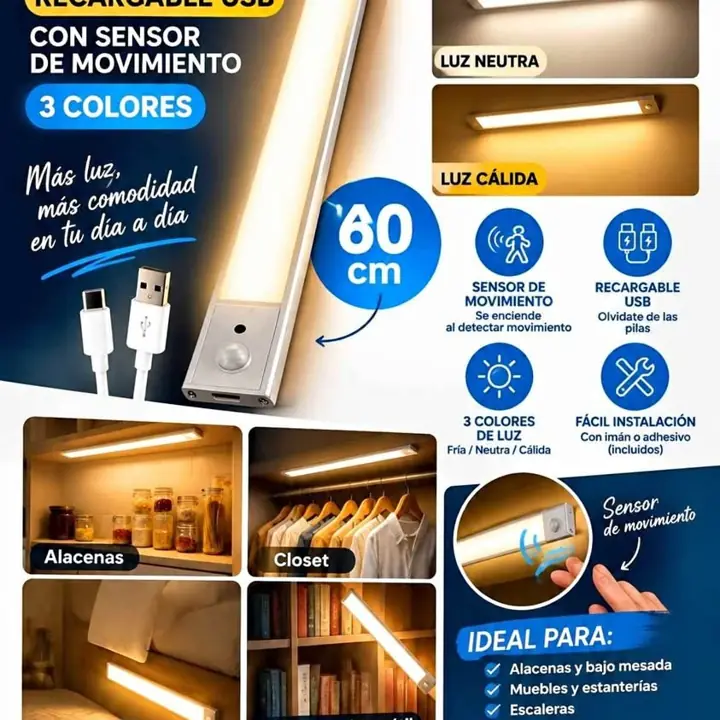 Leds barra de 60cm recargable usb con sensor de movimiento 3 colores