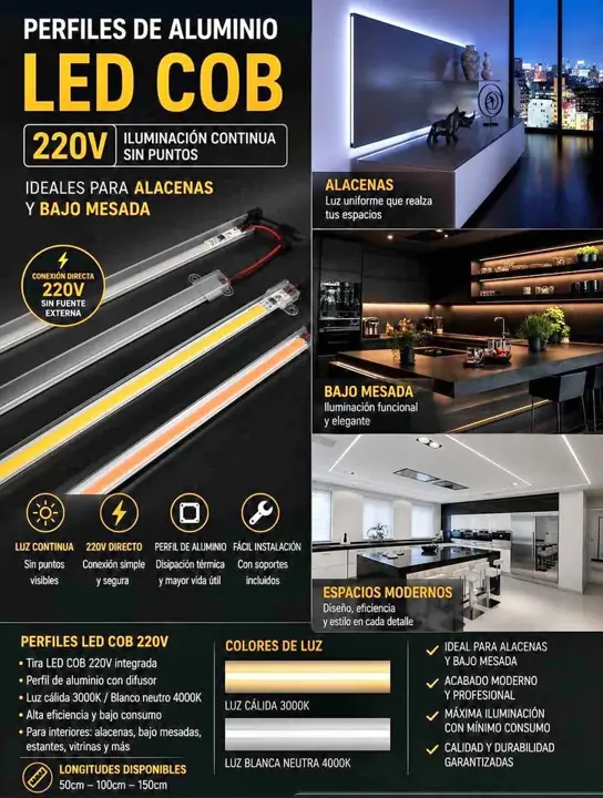 Leds varillas cob x metro 220v alta iluminosidad blanco frío y calido