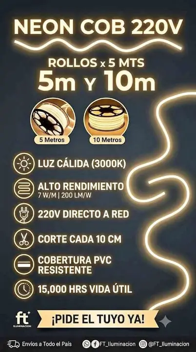 Luz neon cob rollo x 10 mts blanco calido