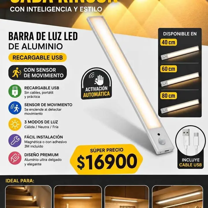 Leds barra aluminio 40cm 60cm 80cm recargable usb con sensor de movimiento ideal muebles escaleras