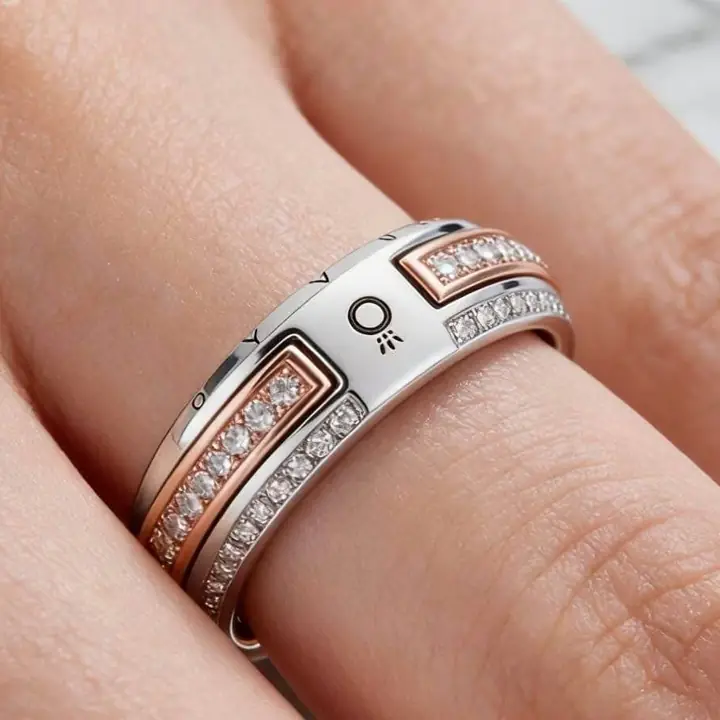 Anillo plata 925 Pandora con sello ale y baño de oro rose y strass talle 16