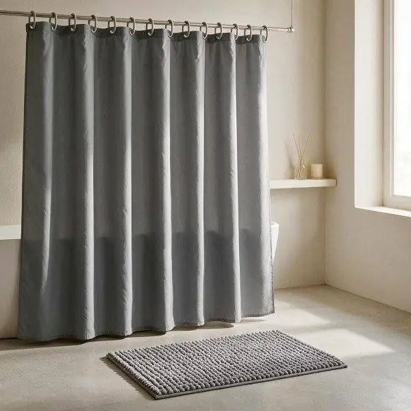 Set de cortina de baño + 12 ganchos + alfombra