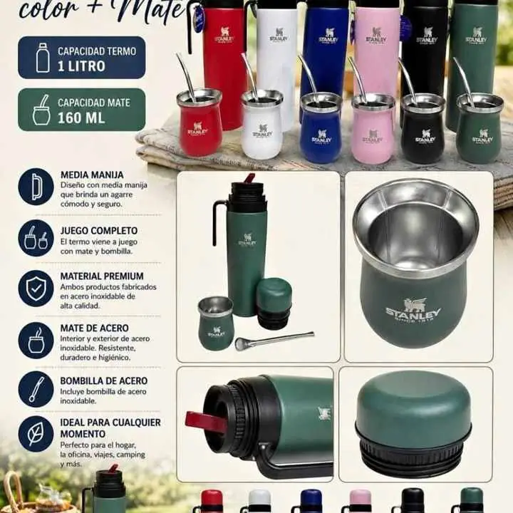 Termo acero media manija 1 litro + mate