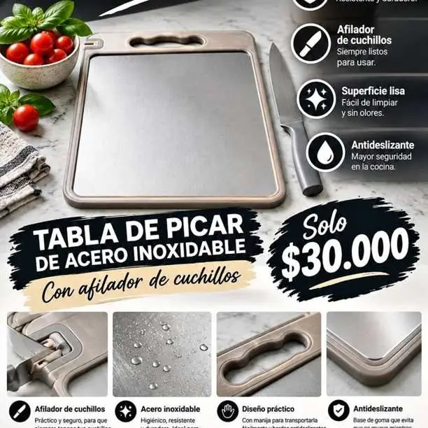 Tabla de picar de acero inoxidable + afilador de cuchillos