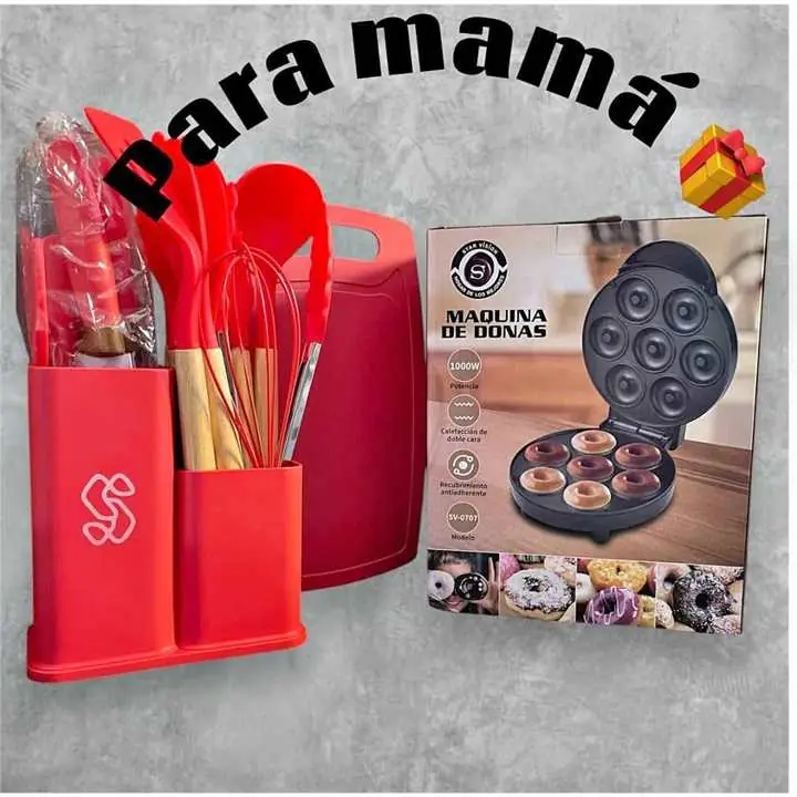 Combo 7 para el dia de la madre utensilios, tabla para cortar y maquina de mini donas
