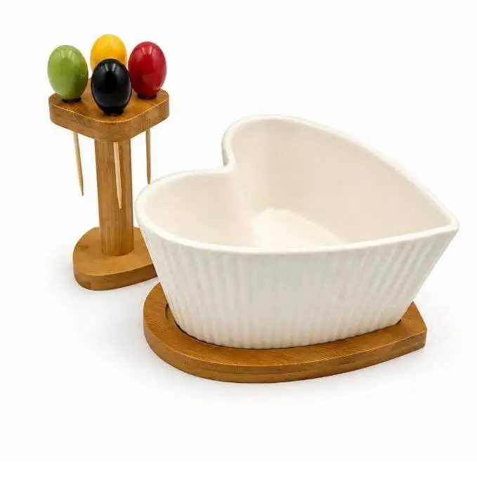 Bowl de corazón con soporte de bambú
