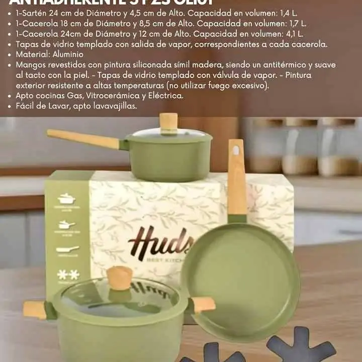 Set de ollas bateria hudson olive antiadherente 5 piezas