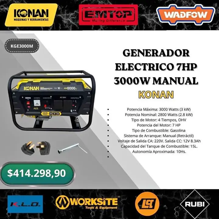 Generador electrico 3000w 7hp konan
