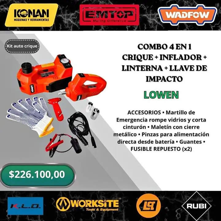 Combo crique, cpmpresor, lintarna y llave de impacto lowen