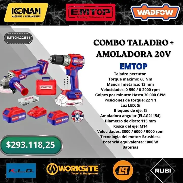 Combo taladro 66nm y amoladora 1200 emtop