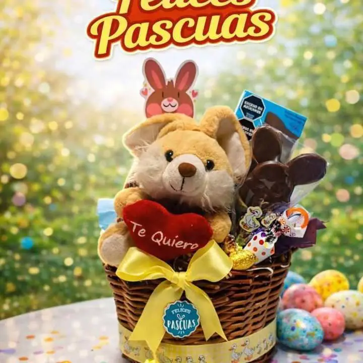 Canasta de Pascua Incluye: Canasta de mimbre Conejo de peluche 15 cm Conejo de choc