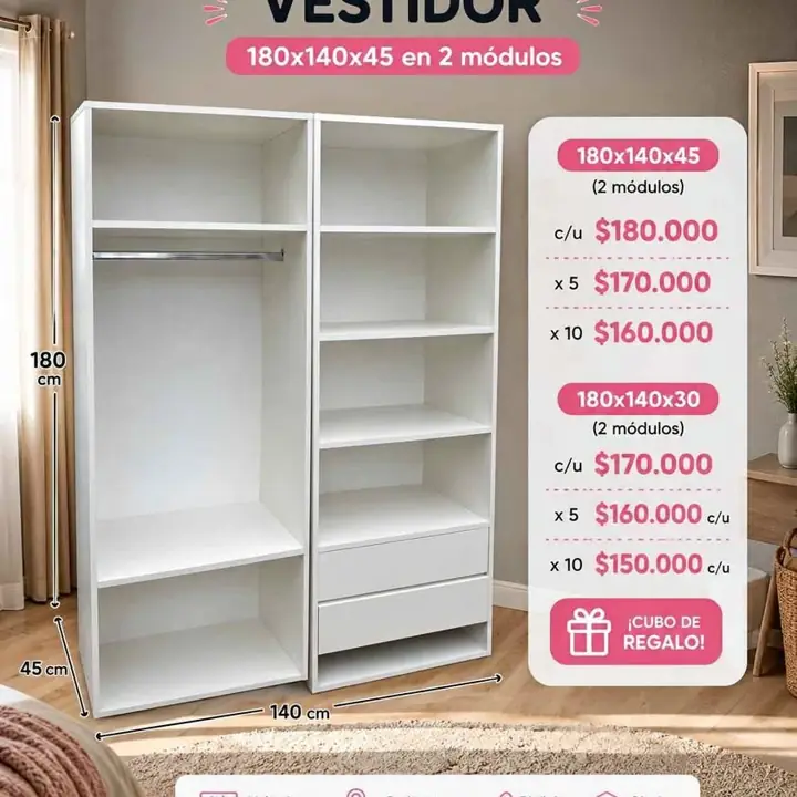 Vestidor 180x140x45 en dos módulos $180.000