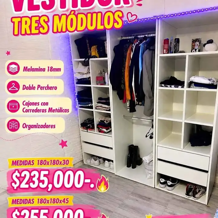 Hola buenas! tengo en promo vestidor 3 modulos de 180X180X30 Hacemos envíos $235.000 p