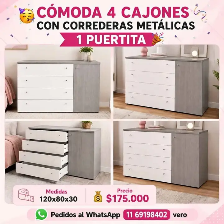 CÓMODA 4 cajones con correderas metálicas 1 PUERTITA Medidas 120x80x30 Precio $175.00