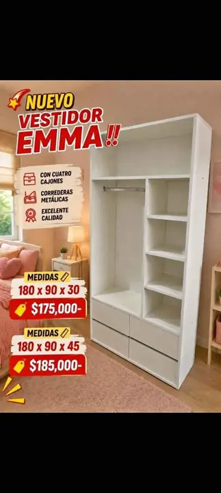 Vestidor emma 4 cajones 180 x 90 x 45 - 1 x $185.000 - 6 x $175.000 - 10 x $160.000 para ma