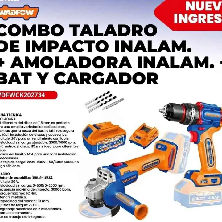 Combo inalámbrico Wadfow Taladro de 62Nm + Amoladora 20v