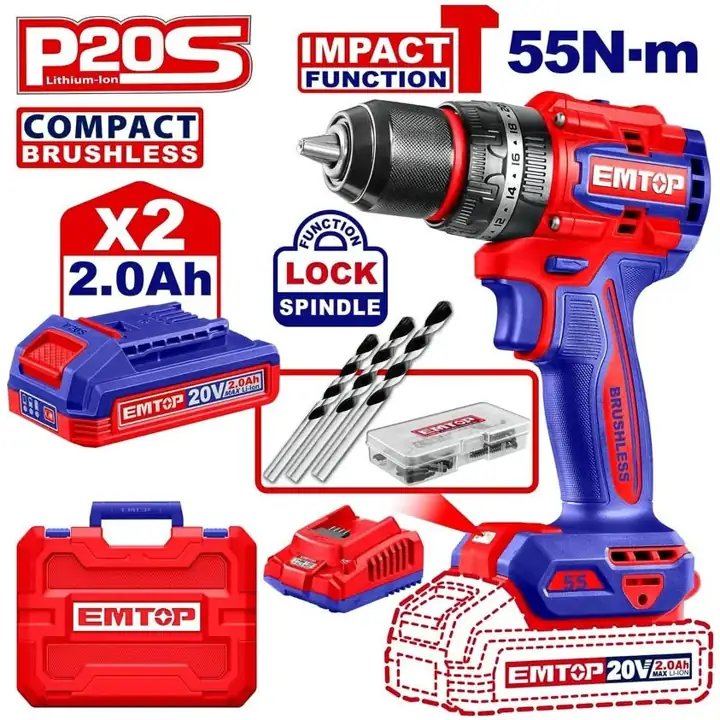 Taladro percutor atornillador inalámbrico 20v 55nm EMTOP