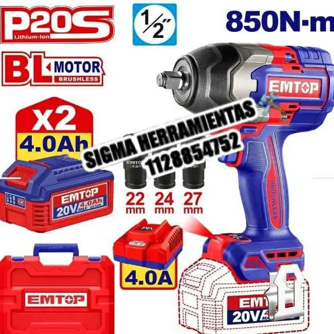 Llave de impacto inalámbrica 20v 850nm + 2bat de 4ah y maletín EMTOP