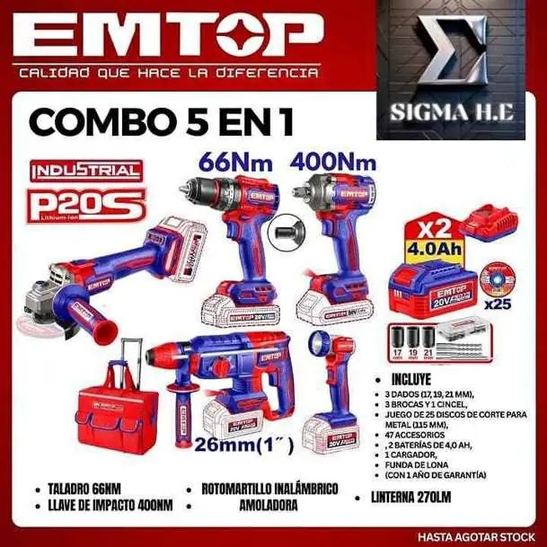 Combo Inalámbrico 20v EMTOP Taladro 66nm+Percutor 26mm+Llave de Impacto 400nm+Amoladora+ lintern