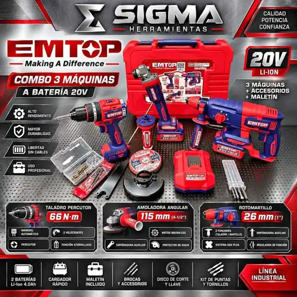 Set Inalambrico Emtop Taladro Percutor 6nm + Amoladora 115mm + Rotomartillo 20v (con Baterías y Carg