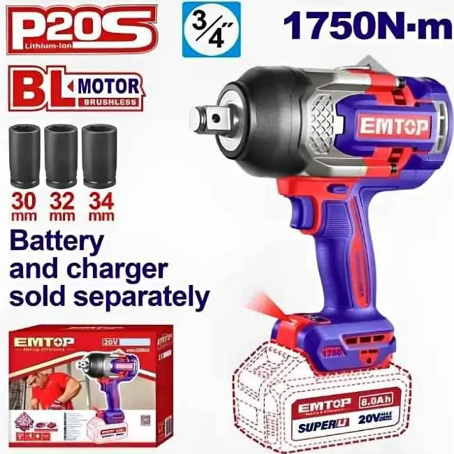 Llave de Impacto Inalambrica 1750nm 3/4 20v Brushless EMTOP