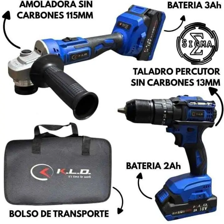 Combo Amoladora Y Taladro Percutor A Bateria sin Carbones KLD