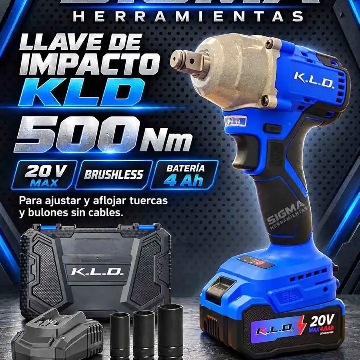 Llave de impacto inalambrica 20V 500NM + bat 4AH + carg + maletin kld
