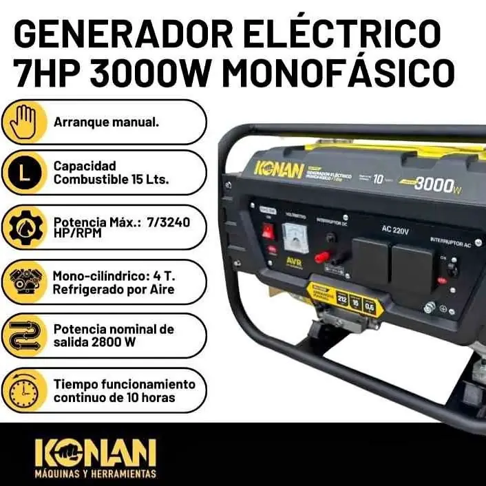 Generador Portátil Monofásico 3000w 7hp 220v Avr Konan